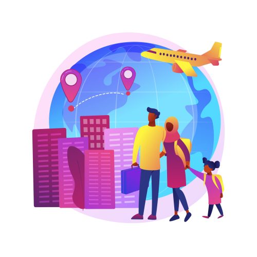 Immigration abstract concept vector illustration. International movement of people, residence permit, working visa, boarding control, sign documents, passport, green card abstract metaphor.